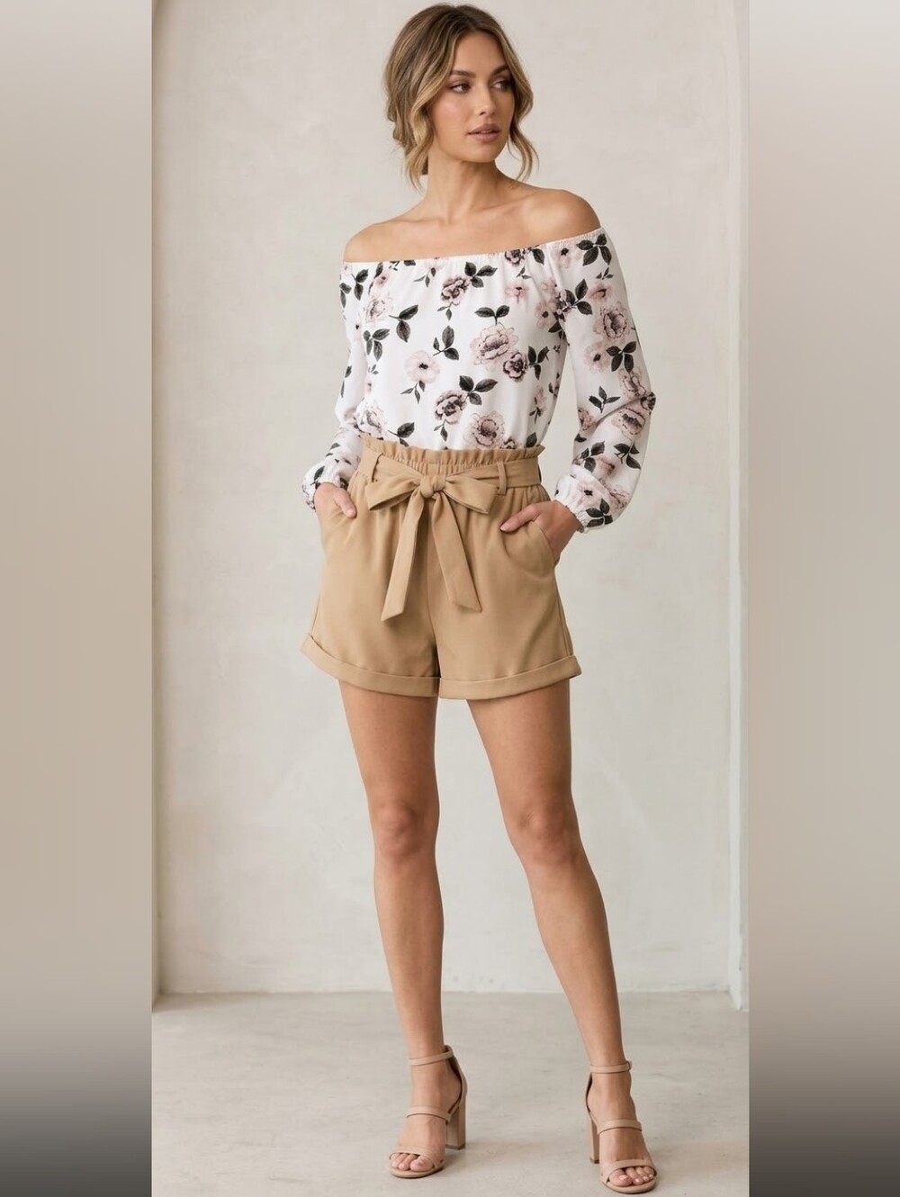 Streetwear Society Floral Off-Shoulder Romper - Cream and Tan - size small